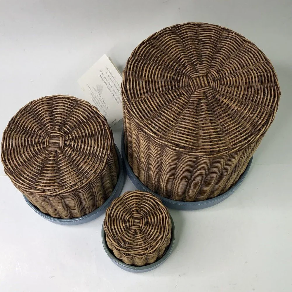 RARE Vintage 2002 Set of 3 LEVENGER Woven Nesting Baskets Stackable Leather Lids - Picture 4 of 8